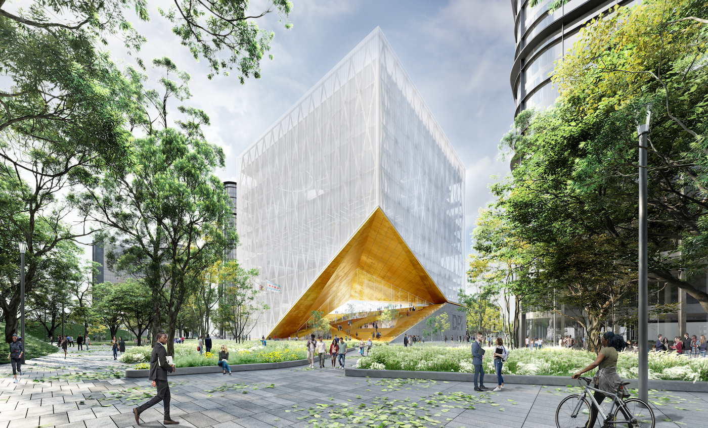 芝加哥78号大街的探索伙伴学院(Discover Partners Institute)，这是一个玻璃立方体，入口是向上的