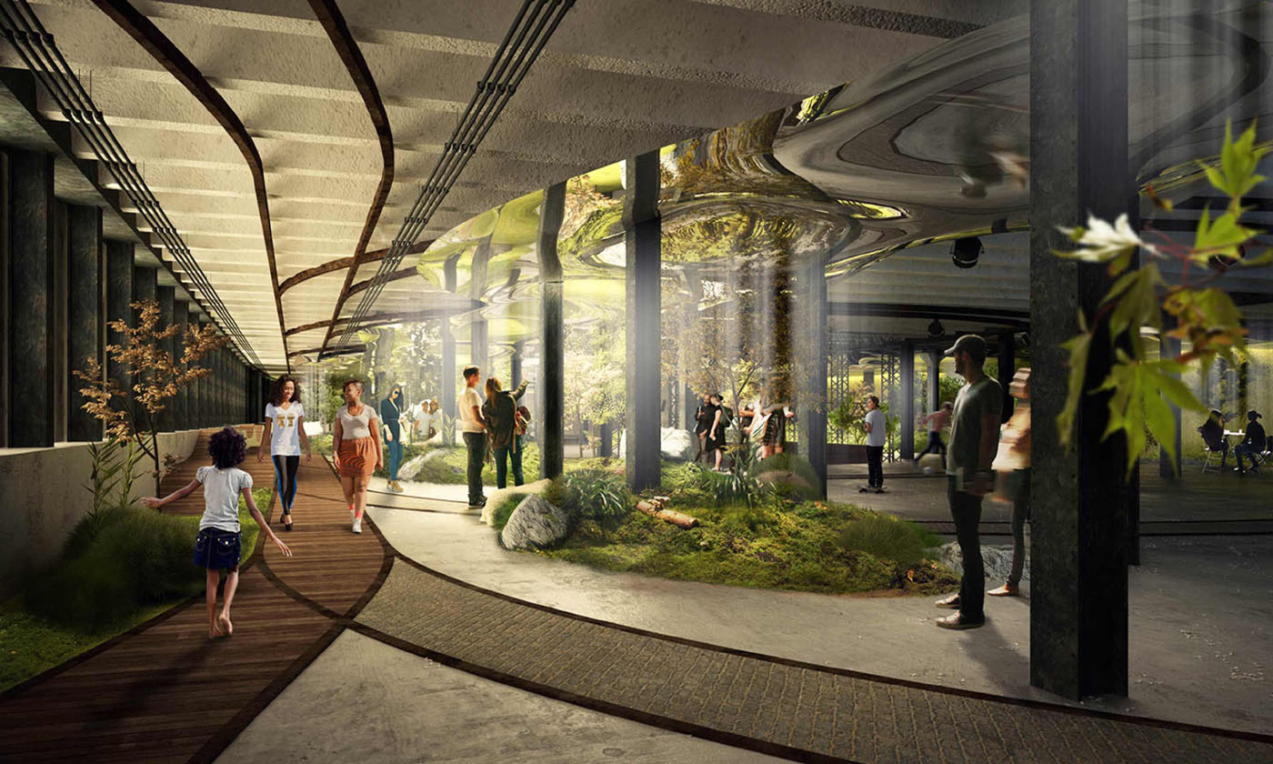 地下公园的概念性例证在曼哈顿，与太阳管反弹光