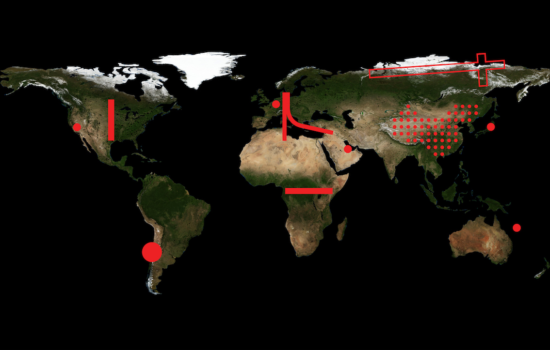雷姆·库哈斯(Rem Koolhass)乡村展上用红线绘制的世界地图