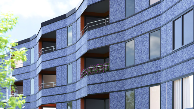 建筑物的略微面位的外墙，带有蓝色的划线图案化太阳能电池板。