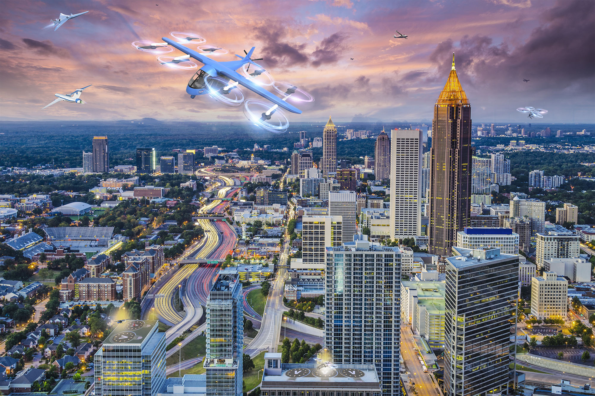 无人驾驶飞机和飞车在亚特兰大市中心嗡嗡作响，这是美国宇航局一个推测性项目的一部分