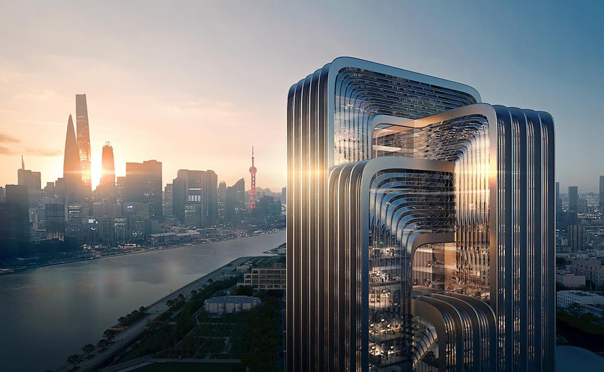 渲染一个可持续的摩天大楼在上海为CECEP，显示联锁90度角