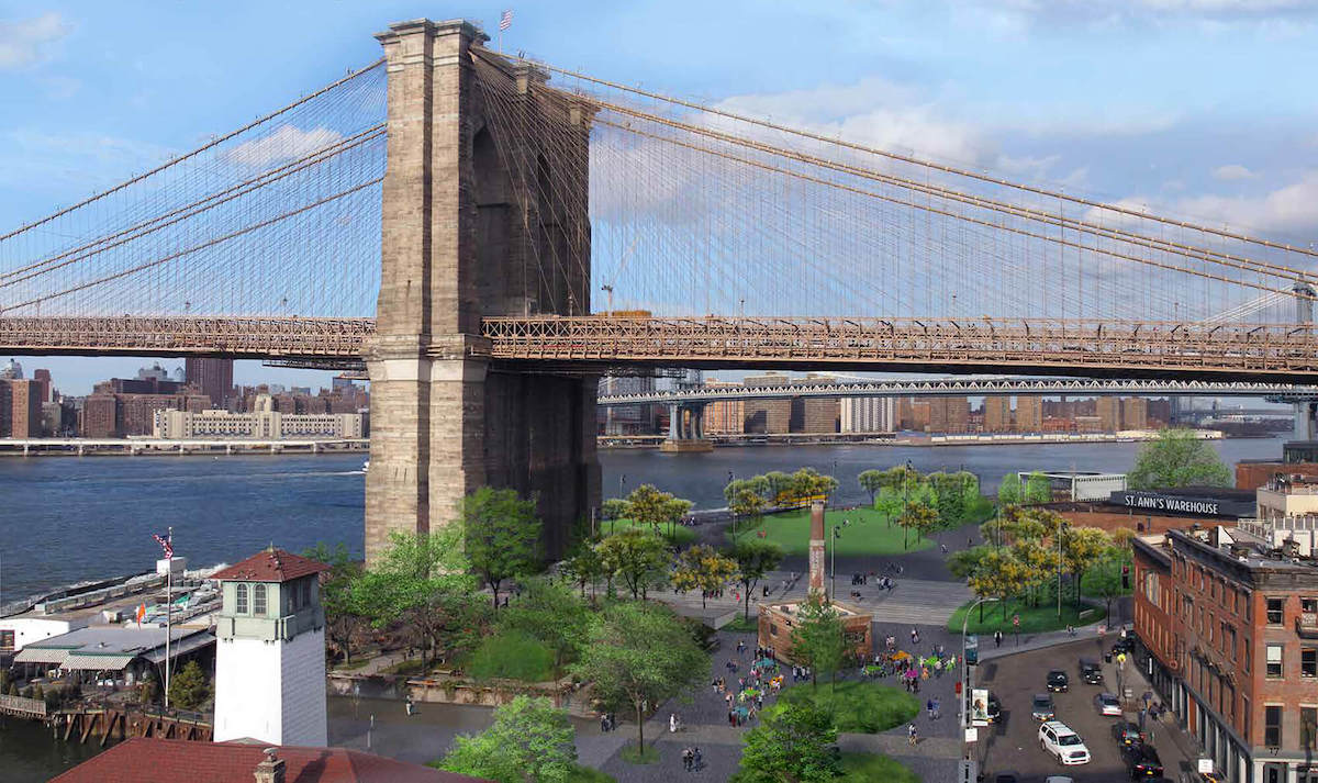 布鲁克林桥梁公园的例证，与布鲁克林桥梁广场的网站在批长下