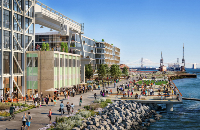 一个生动的滨水场景的插图在一个重新开发的工业地点在旧金山