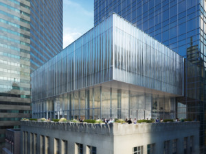 纽约蒂芙尼总部顶上的石灰岩覆层建筑上方的纹理玻璃体量效果图