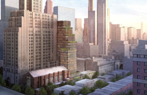 新布鲁克林音乐学校大楼的效面图，一个有垂直条纹的24层建筑