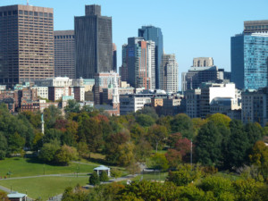 一个城市公园有一个天际线在背景中;波士顿常见