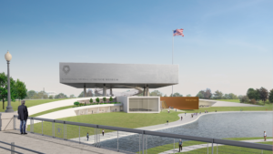 新国家荣誉勋章博物馆，一个由不锈钢包裹的漂浮立方体的渲染图
