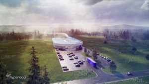 一个新的原始超级高铁中心在森林地区的高科技运输中心的渲染