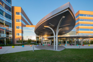德克萨斯州儿童医院，前面有一个巨大的叶子形状的金属遮阳篷
