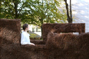 一名男子坐在由自家种植的植物废料制成的雕塑装置中
