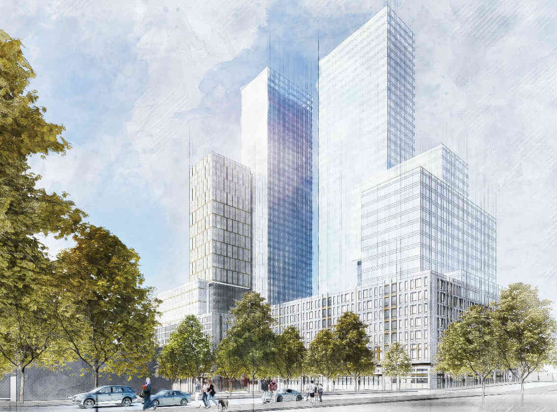 两个玻璃塔建筑渲染在纽约