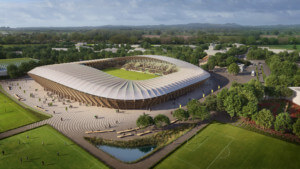 生态公园体育场效果图，木材和半透明的雨棚