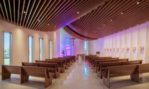 interior of a ply+ church with undulating ceiling