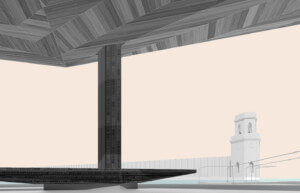威尼斯建筑双年展的人字形木材凉亭的室内效果图，映衬着粉红色的天空