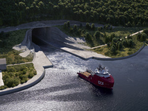 斯塔德船隧道的效果图，一个有船出来的隧道