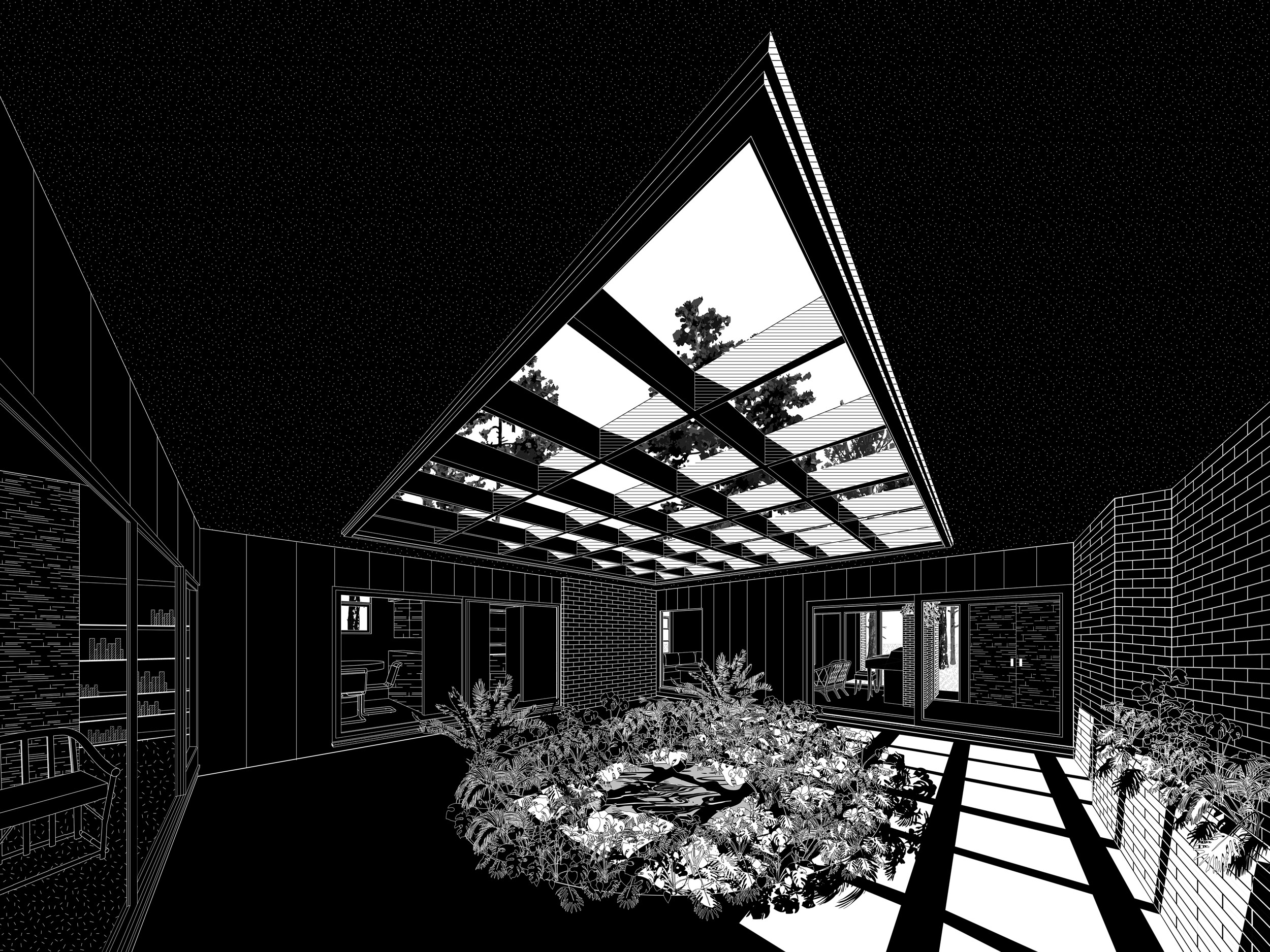 黑白透视建筑图，描绘带有植物、砖块和其他细节的住宅庭院