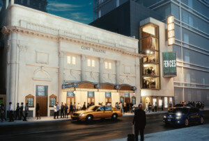 一个新古典主义的石头剧院和黑盒子的效果图，带有cort剧院的标志