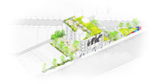 love大楼的轴测图，一个新的社区中心，种植了树木