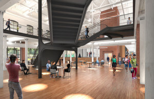 由gang工作室设计的新学院建筑的内部效图，中心有金属楼梯