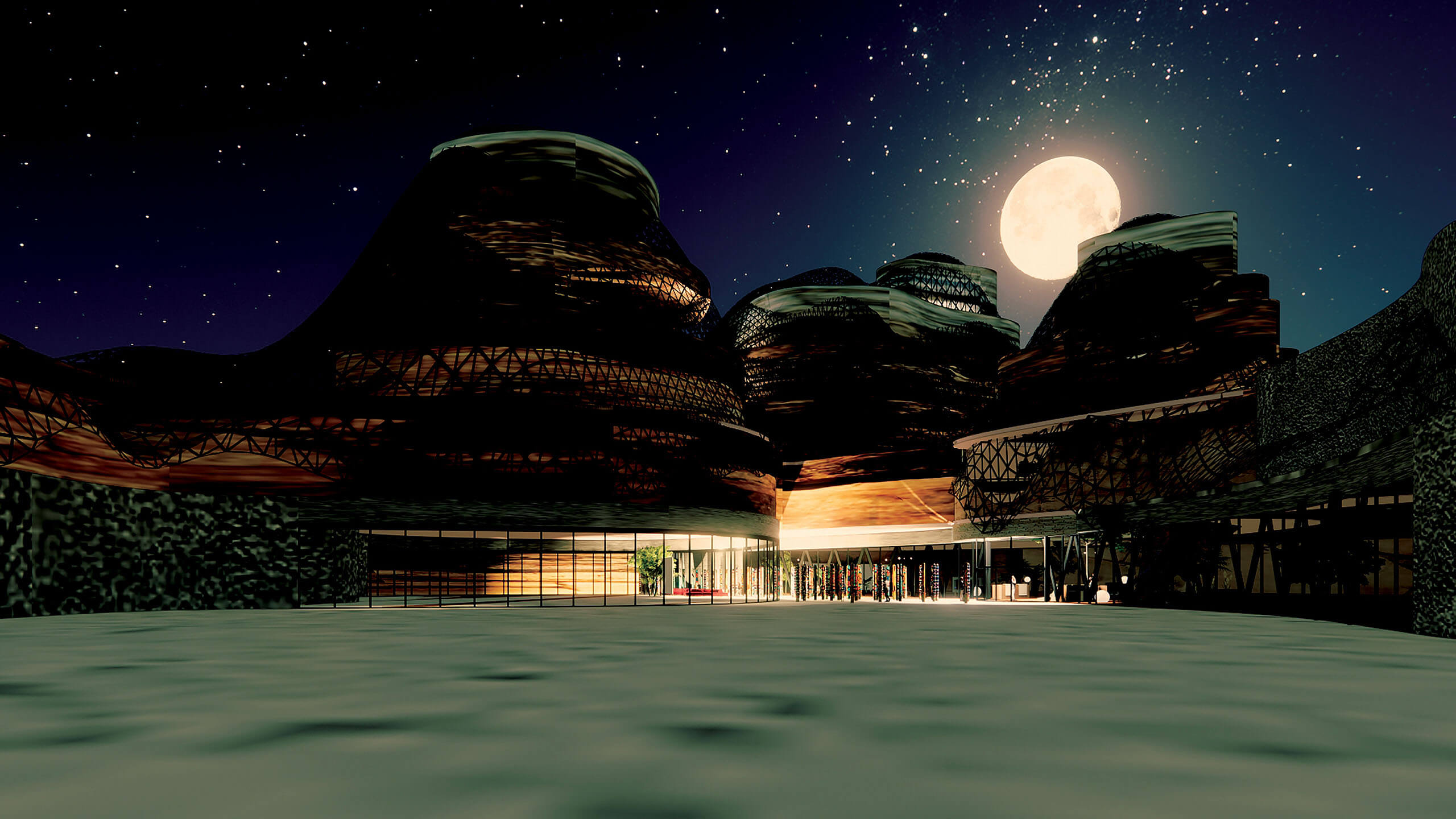 在月光照耀下的沙漠中建筑的插图