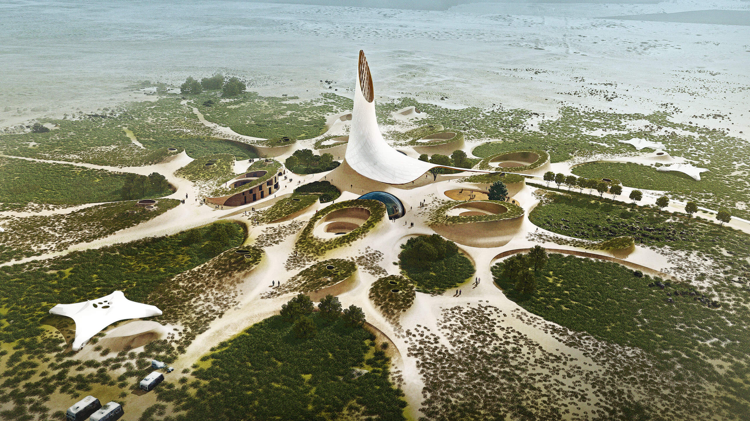 从沙漠景观中浮现的未来主义结构的插图