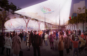 罗马公园内的半透明覆盖物上印有米兰2026年冬奥会的标志