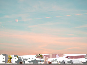 一幅后数字城市景观的拼贴画，展示了参数化的购物中心