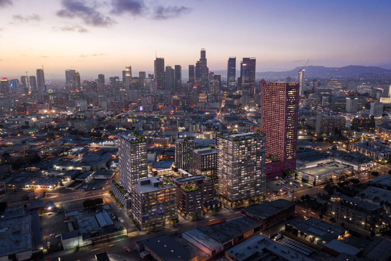 洛杉矶市中心的第四和中央塔楼建筑群的夜间渲染