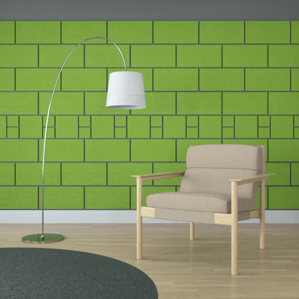 椅子、台灯和地毯后面的绿色隔音瓷砖
