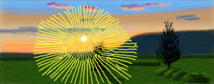 日出的五颜六色的绘画和一个宁静的风景由大卫霍克尼