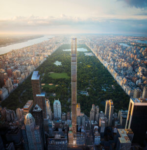 西五街111号的效果图，一座铅笔般纤细的塔楼耸立在中央公园上空