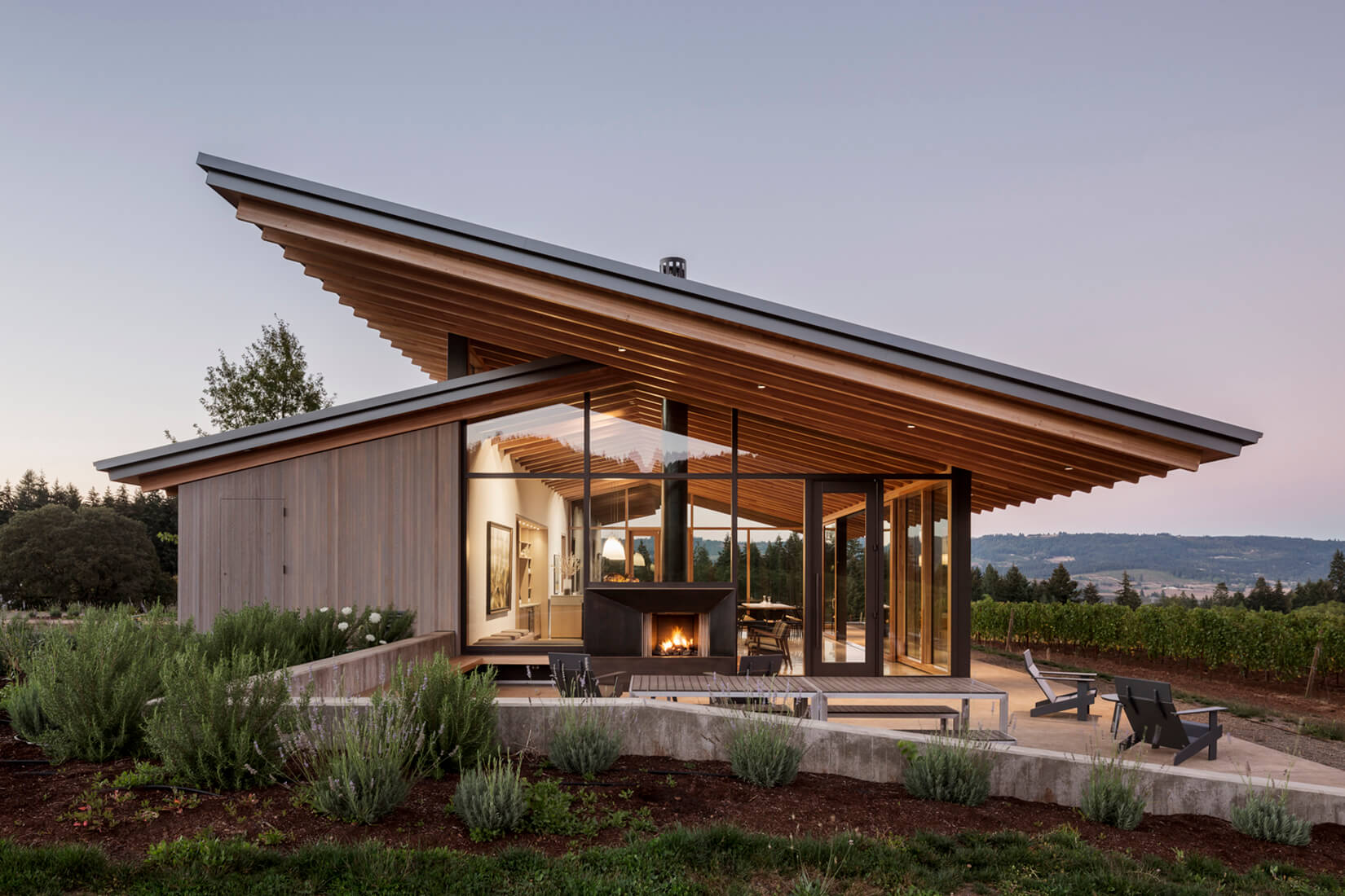 photograph depicting the exterior of a vineyard tasting room with a dramatically sloped roof