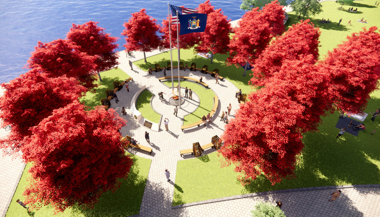 哈德逊河上的基本工人公园的航拍效果图，以英雄纪念碑的圆圈为核心