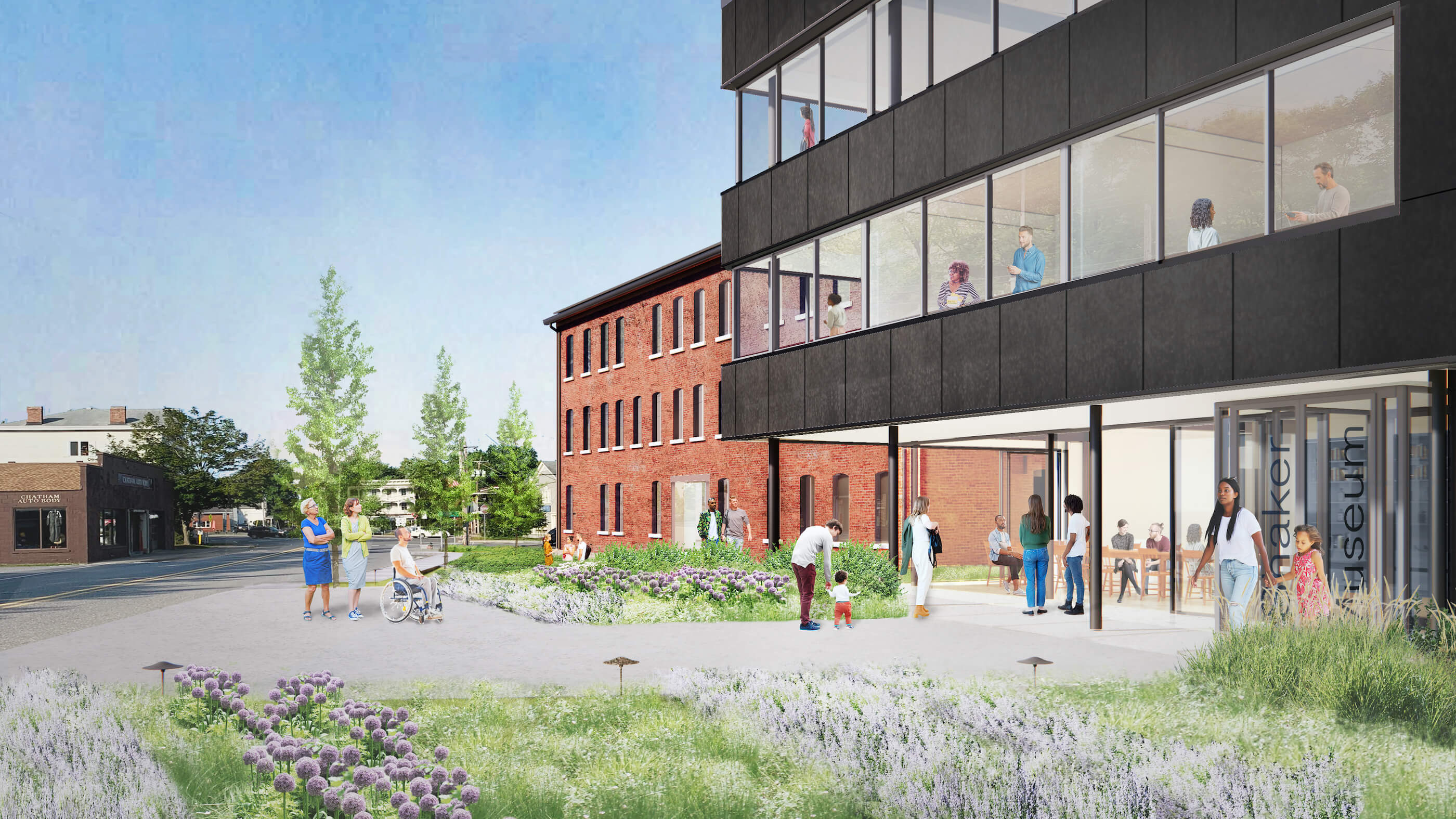 exterior rendering of a historic brick building with a modern new addition