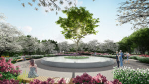具有圆形水景和树木的沙钩纪念场地的渲染