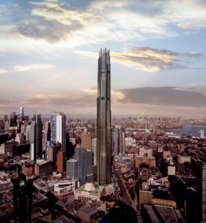 9 dekalb的渲染图，一个在布鲁克林景观中升起的青铜尖塔