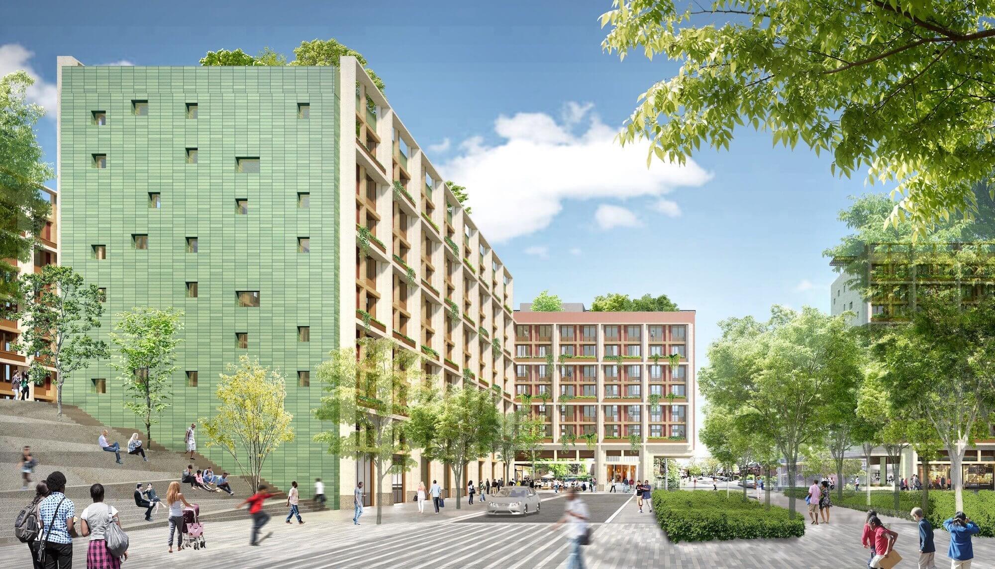 rendering of a leafy affordable housing development