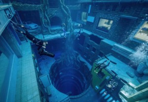 潜水员陷入了水下城市的假废墟