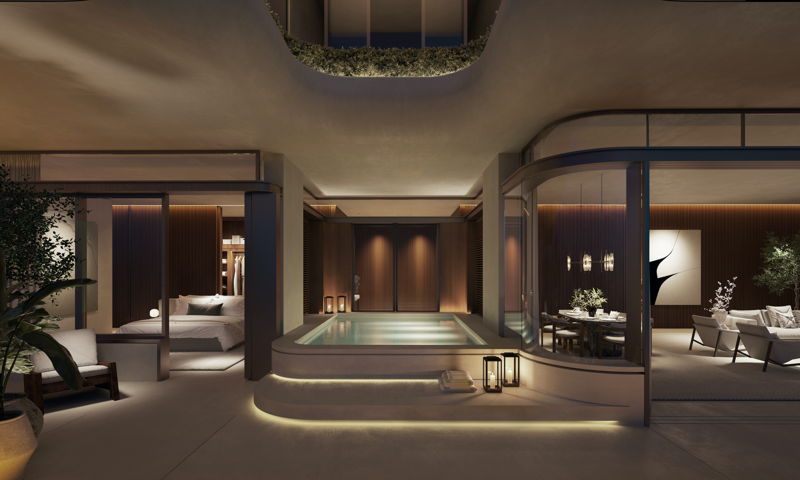 rendering of a luxury hotel suite looking from outside