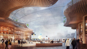 智能城市覆盖物顶部的木质天篷渲染