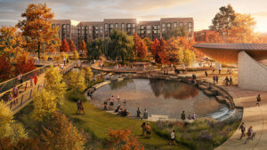 一个公园空间的渲染与一个大池塘和秋天的树叶，在市中心卡里公园