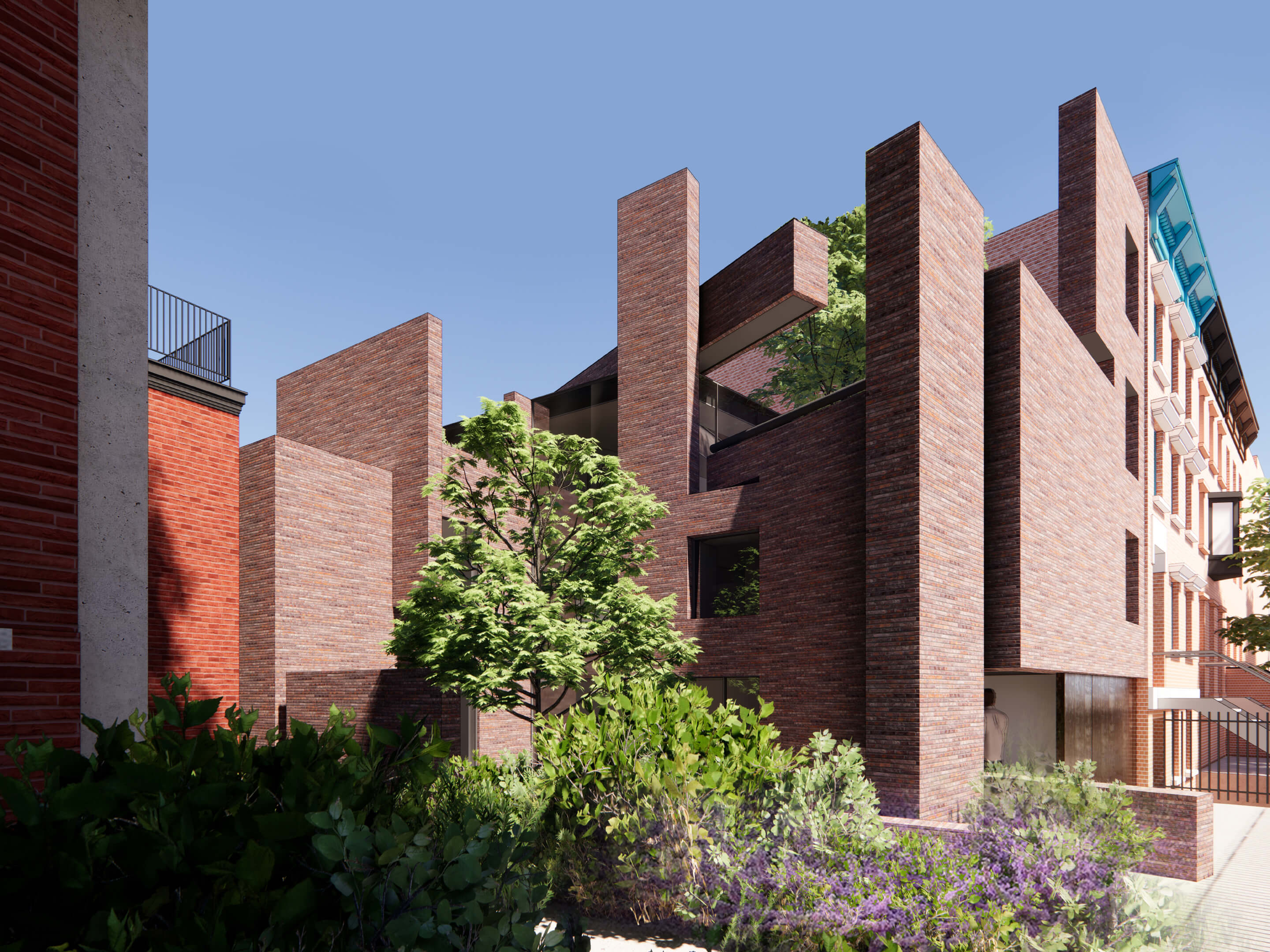 Rendering of a red brick building with slat facade