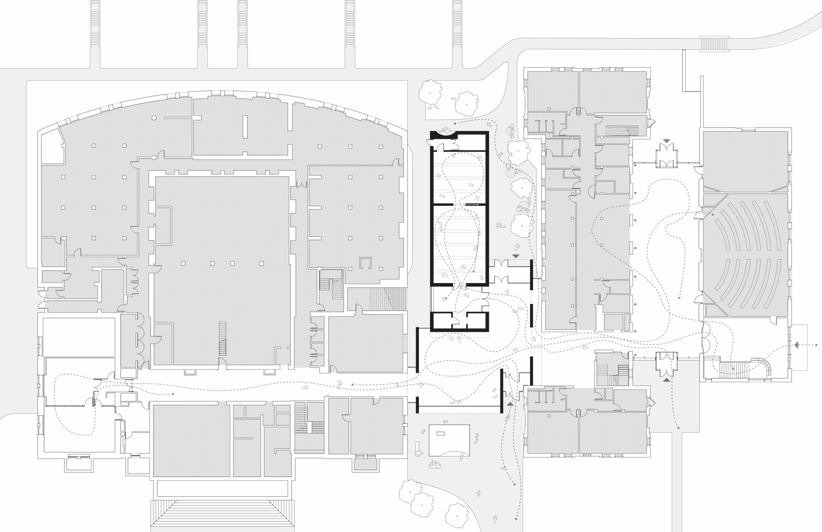 Aerial site plan of the Wesleyan campus showing a narrow gallery building between two others
