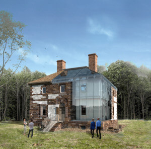 Menokin House的外观，一个历史砖建筑与结构玻璃部分重建