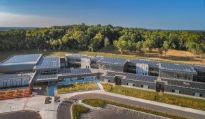 鸟瞰图的太阳能板顶部小学校园，森林边缘元素的艺术