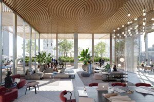 由KPF设计的木质办公大楼内的社交空间的室内效果图