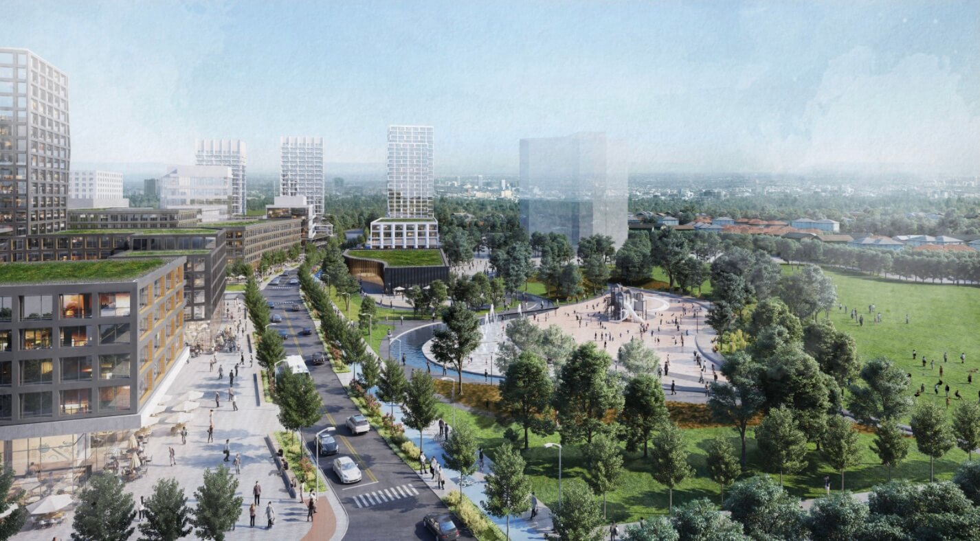 rendering of a mixed-use development project with park