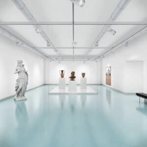 three artifacts in an aqua-floored gallergy protected by a sleek glass box