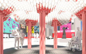 rendering of people standing beneath a heart-shaped pavilion with a pv pipe roof structure in times square